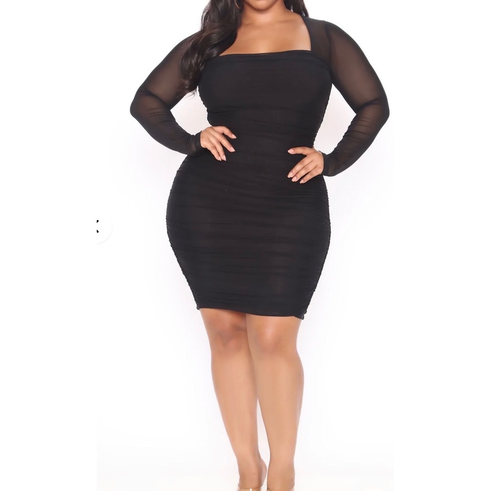 Fashion Nova  Mini Dress Black Mesh Sleeve Ruched Bodycon 2X y2k party formallbd